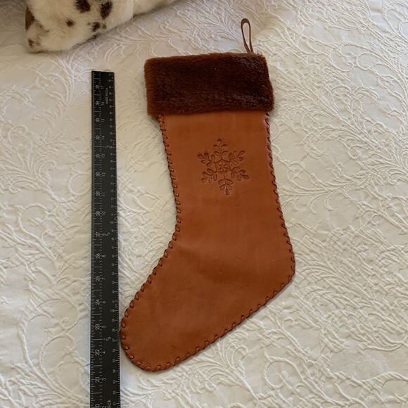 ‎Vintage Leather boho Handmade Christmas Snowflake Brown Fur Tooled Stocking - Picture 10 of 11